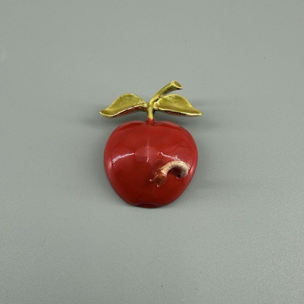 Vintage Original by Robert Red Enamel Apple Worm Figural Brooch Gold Tone Pin